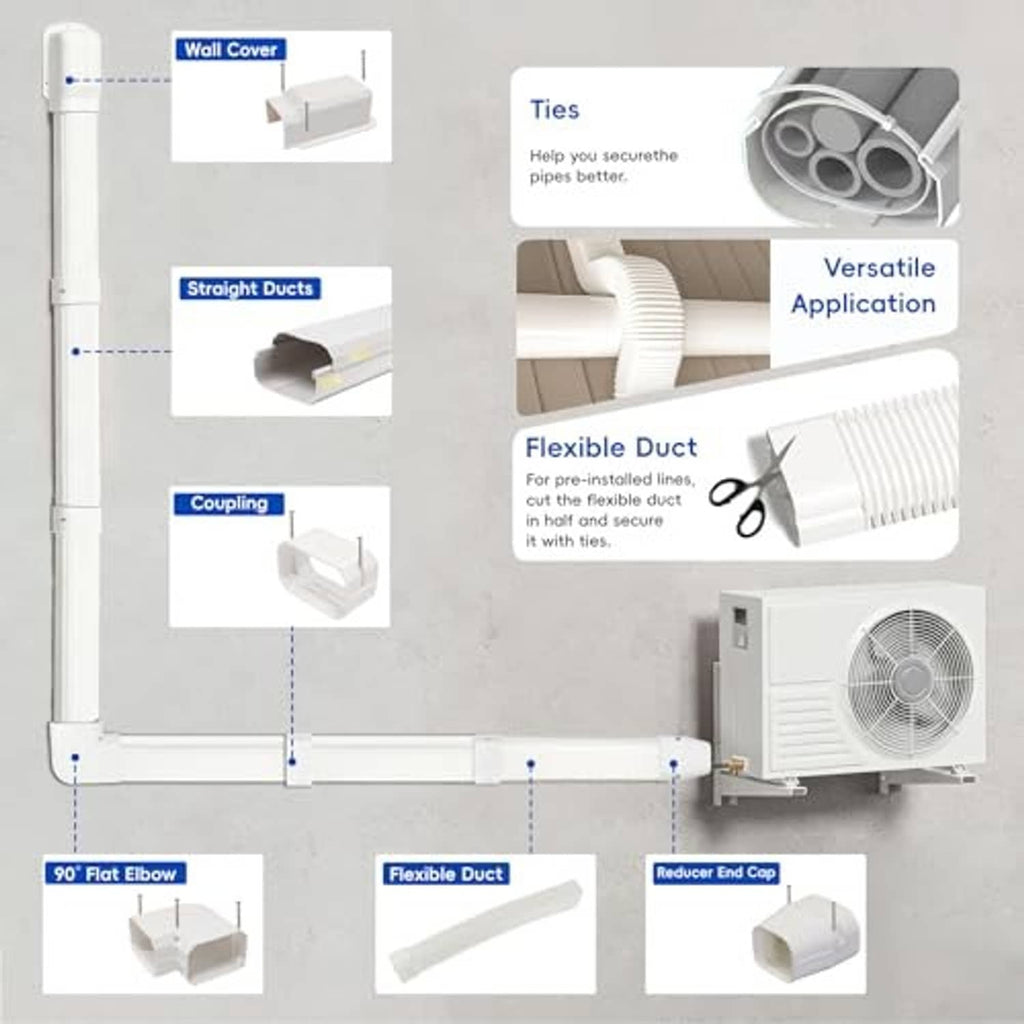 Mini-split line set cover kit with straight duct covers, wall cover, and couplers