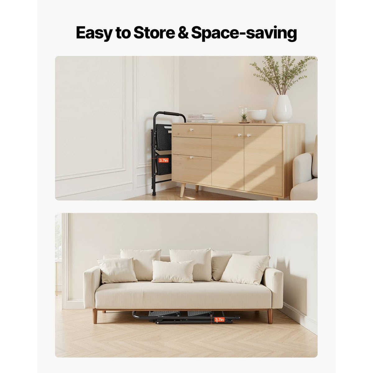 Space-saving 2-step folding ladder with wide non-slip steps and top handrail