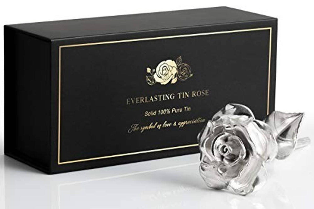 Silver tin rose ornament with gift box and engraved front panel
