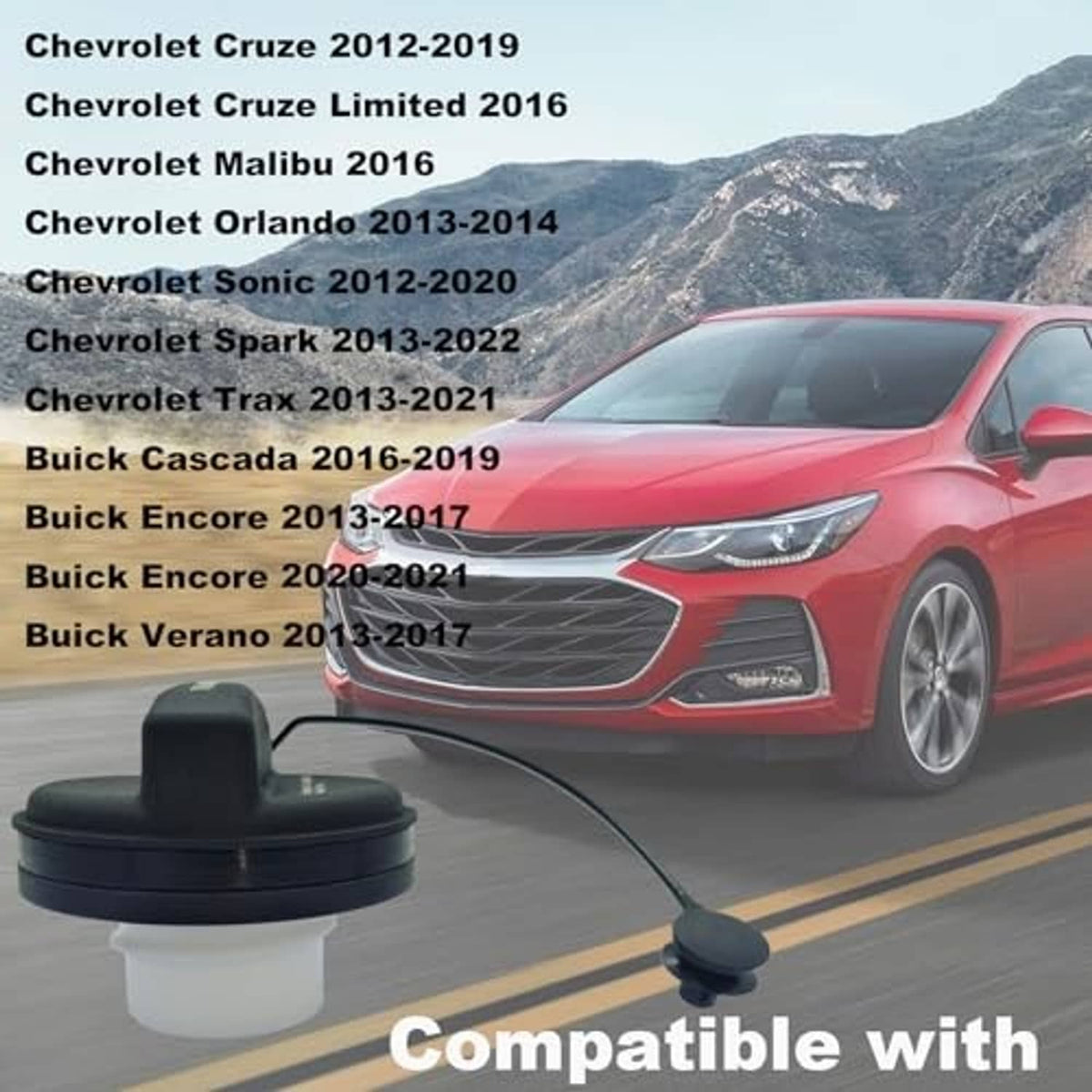 Fuel tank filler cap assembly with black cap, white seal, and tether cord