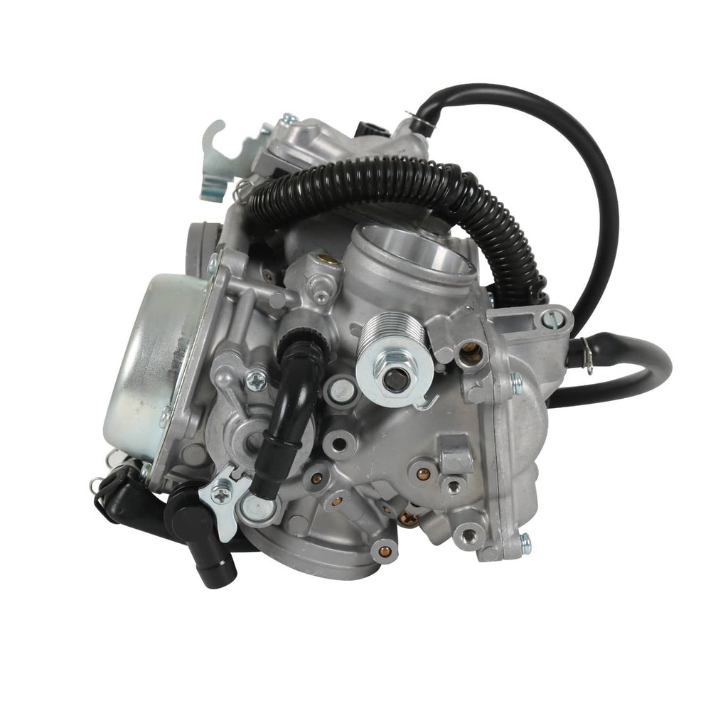 Silver carburetor with black spring hose and round throttle body opening