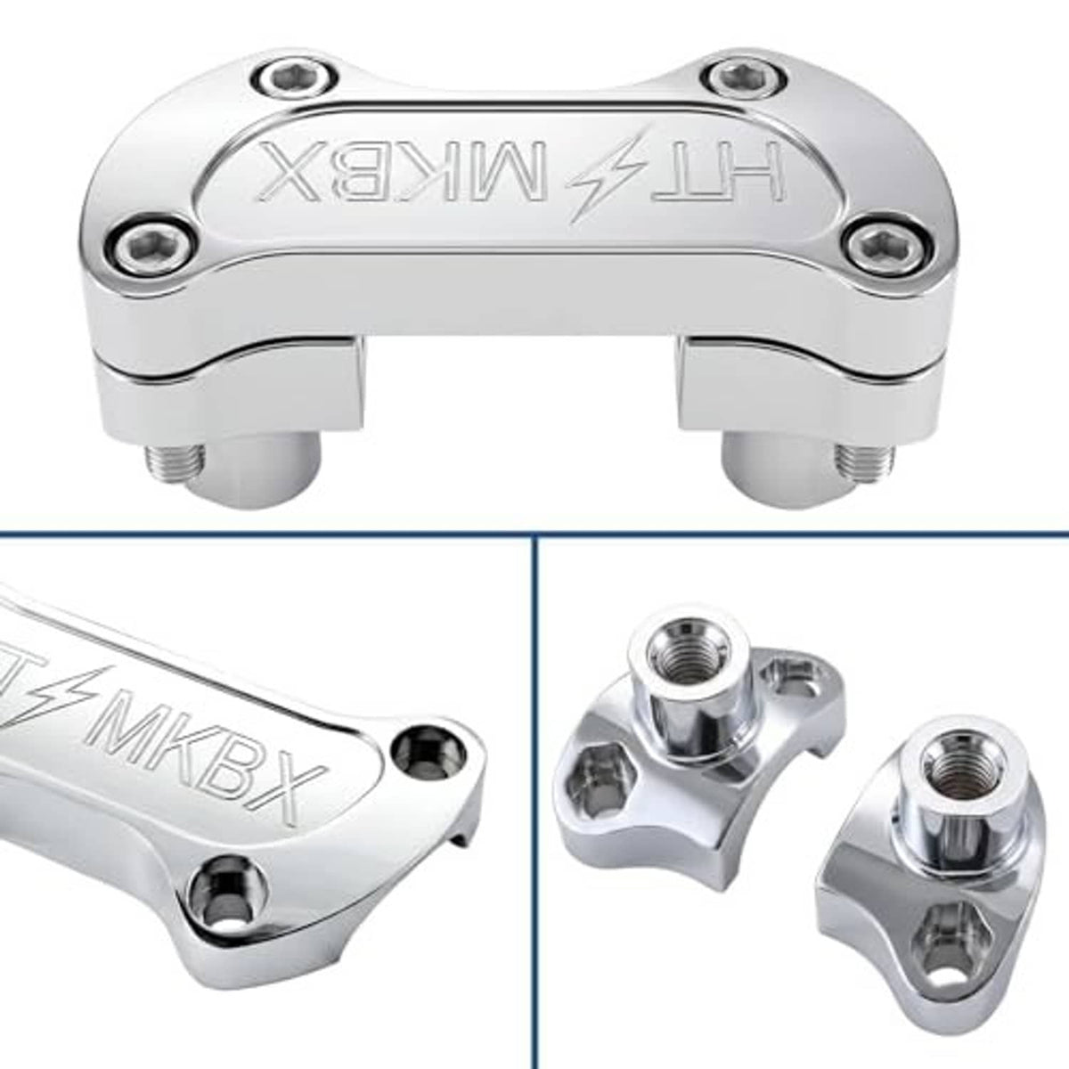 Close-up of chrome handlebar riser clamp with embossed markings and four mounting bolts