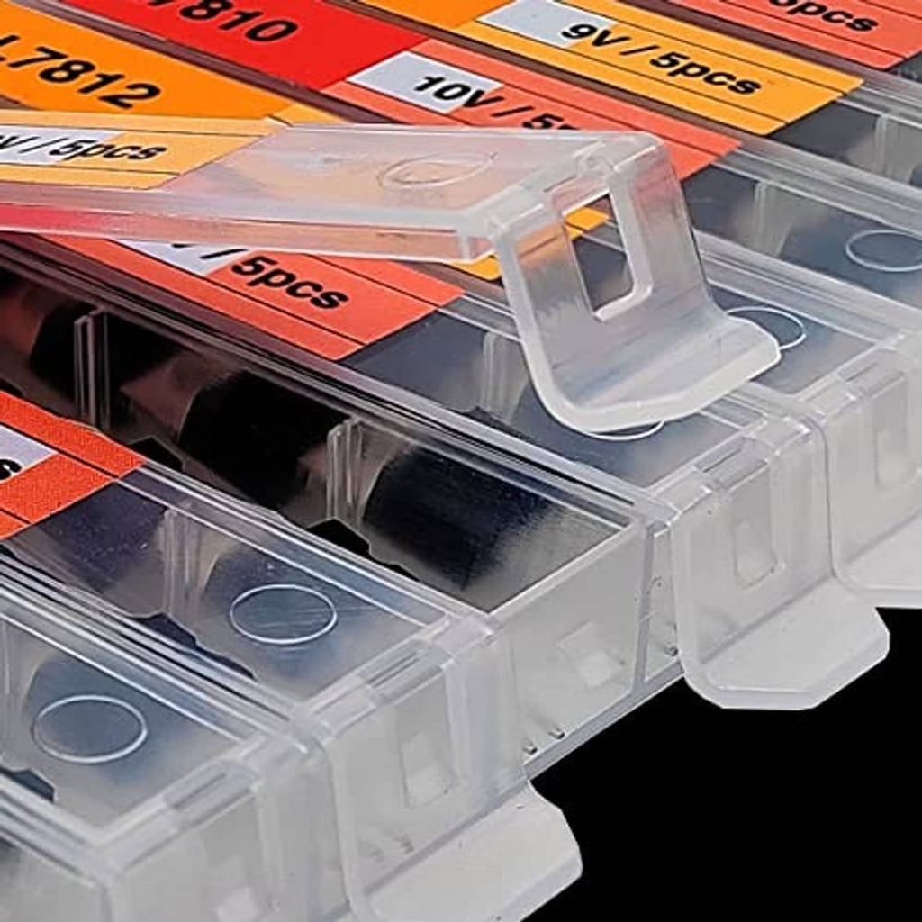 Clear organizer tray with individual regulator slots and orange/red voltage label strips