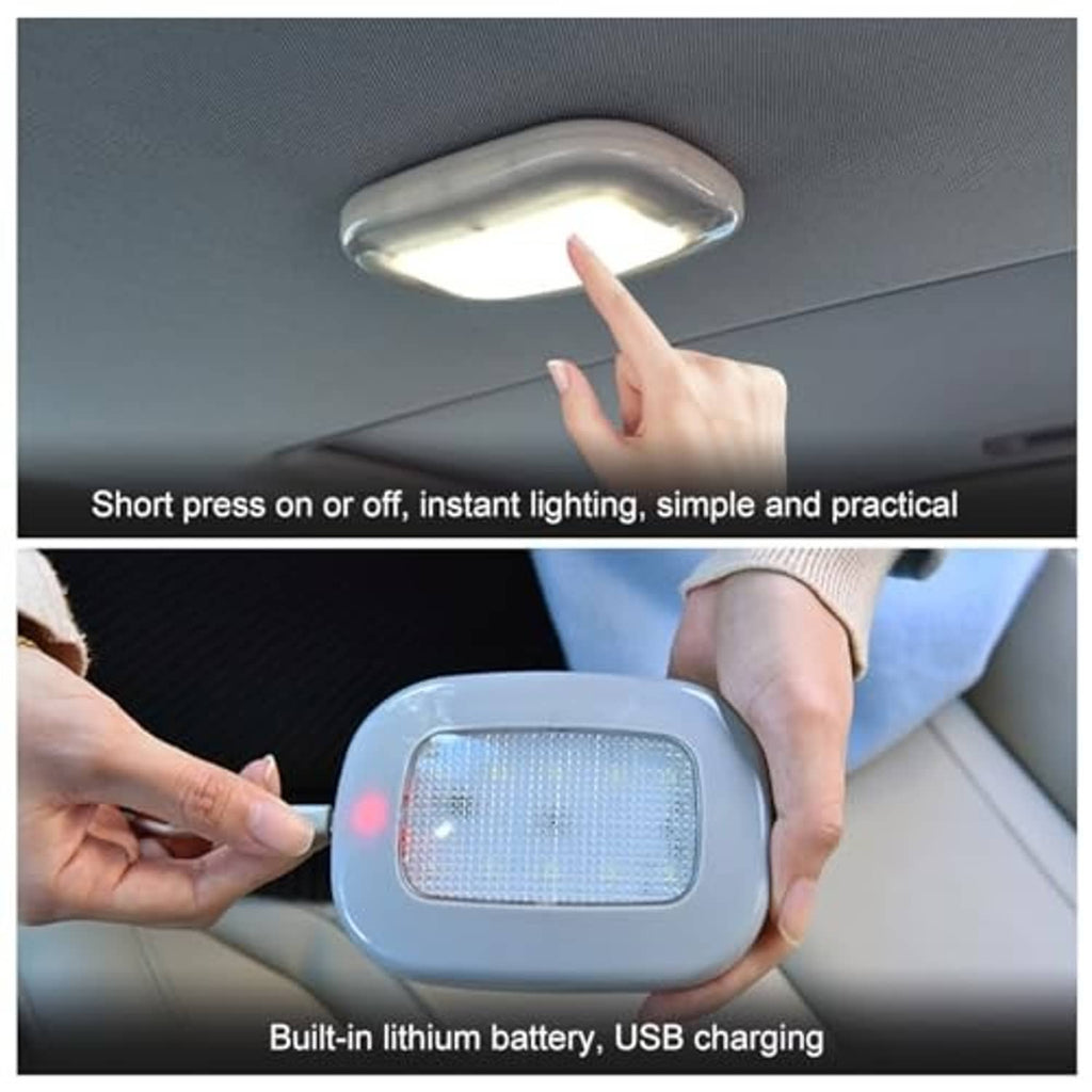 Black LED car roof light with glowing rectangular panel, fingertip pointing at control area