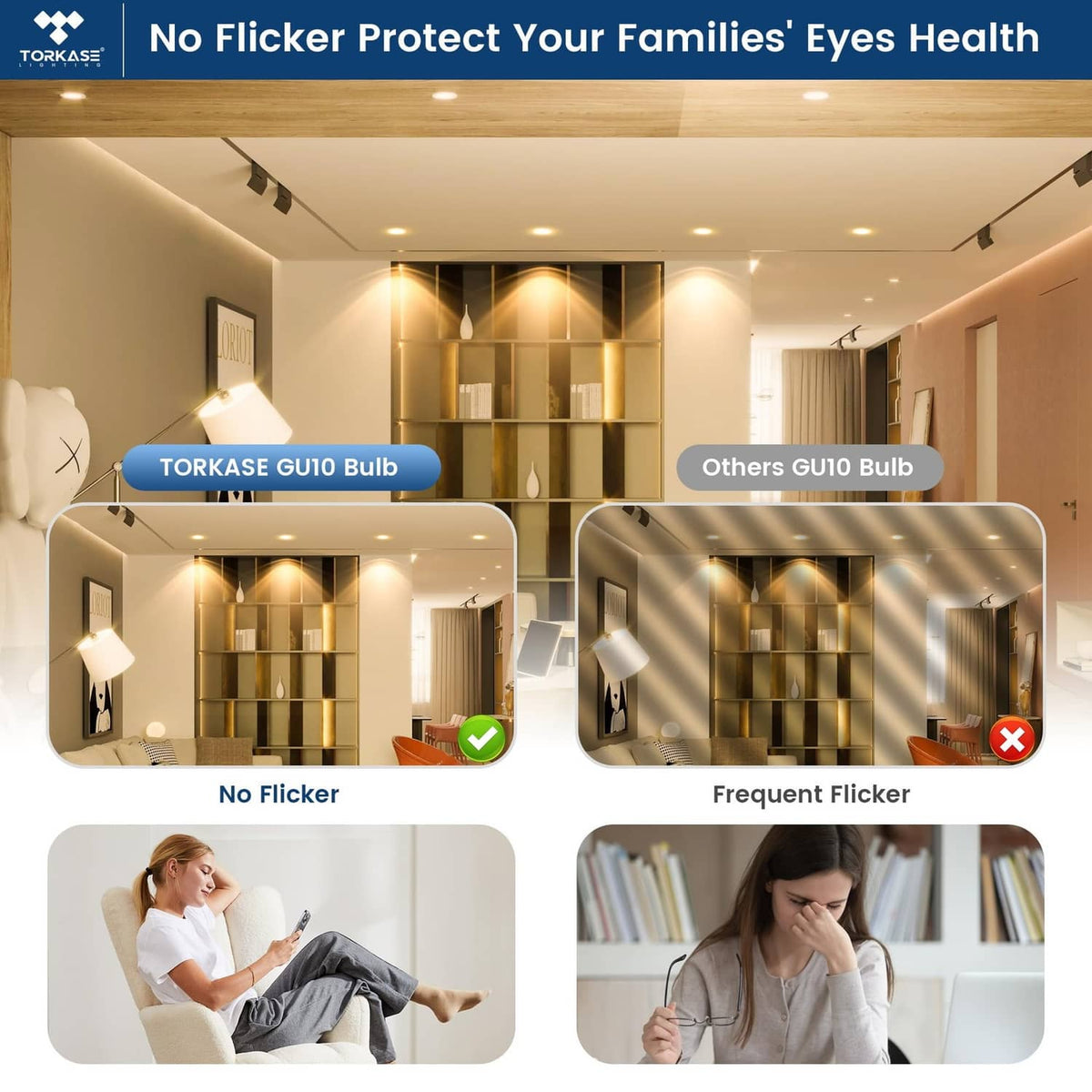 Dimmable GU10 LED bulb with no-flicker feature shown beside comparison bulbs