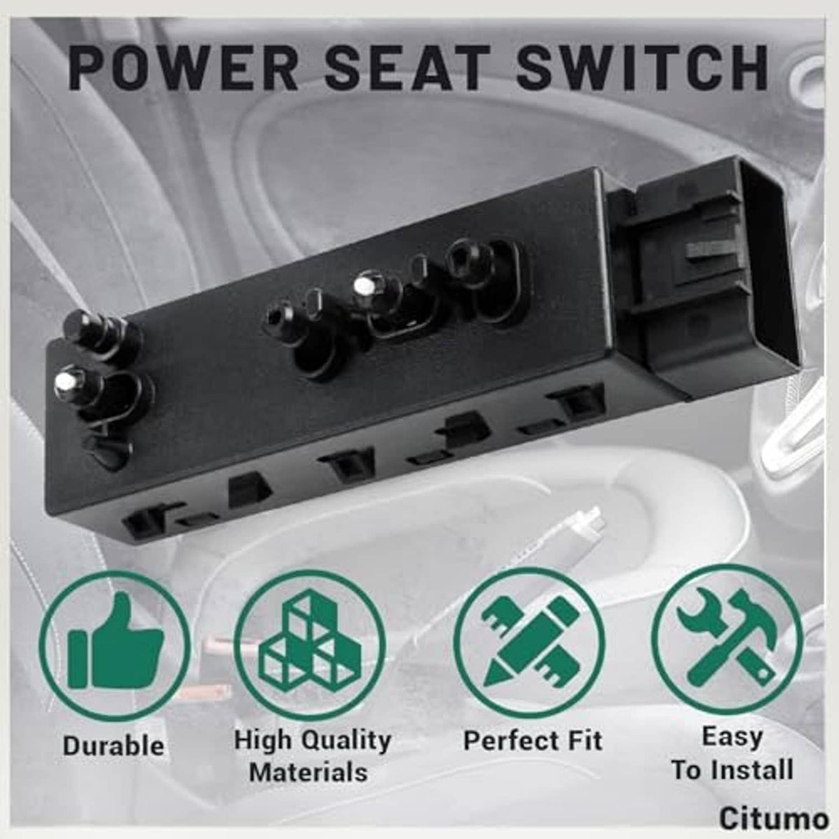 Black power seat switch panel with four knob controls and wire connector socket