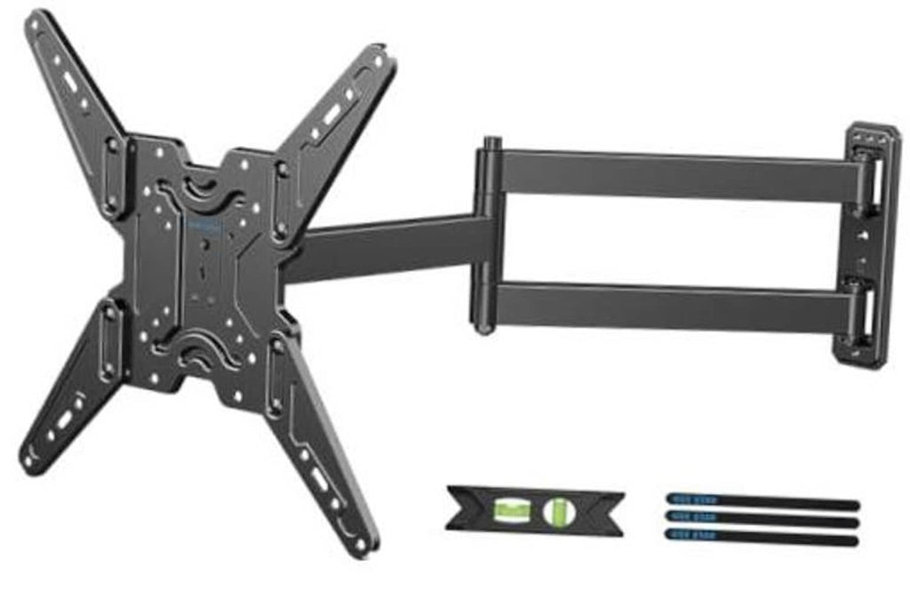 Black corner TV wall mount bracket with long arms and multi-hole mounting plate