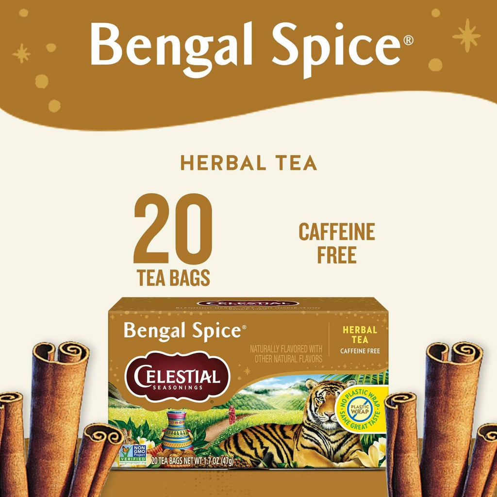 Celestial Bengal Spice herbal tea box, 20 tea bags, caffeine free