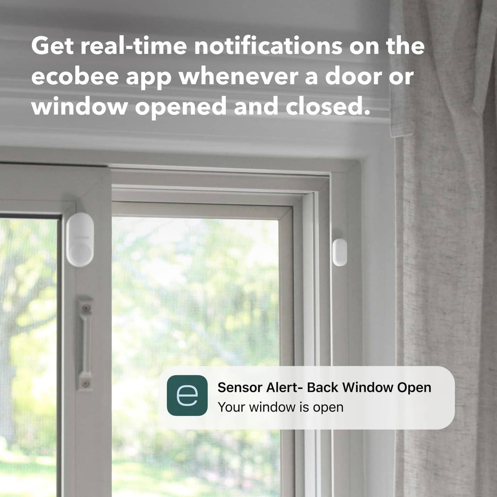 ecobee back window open sensor alert on phone, next to window sensors