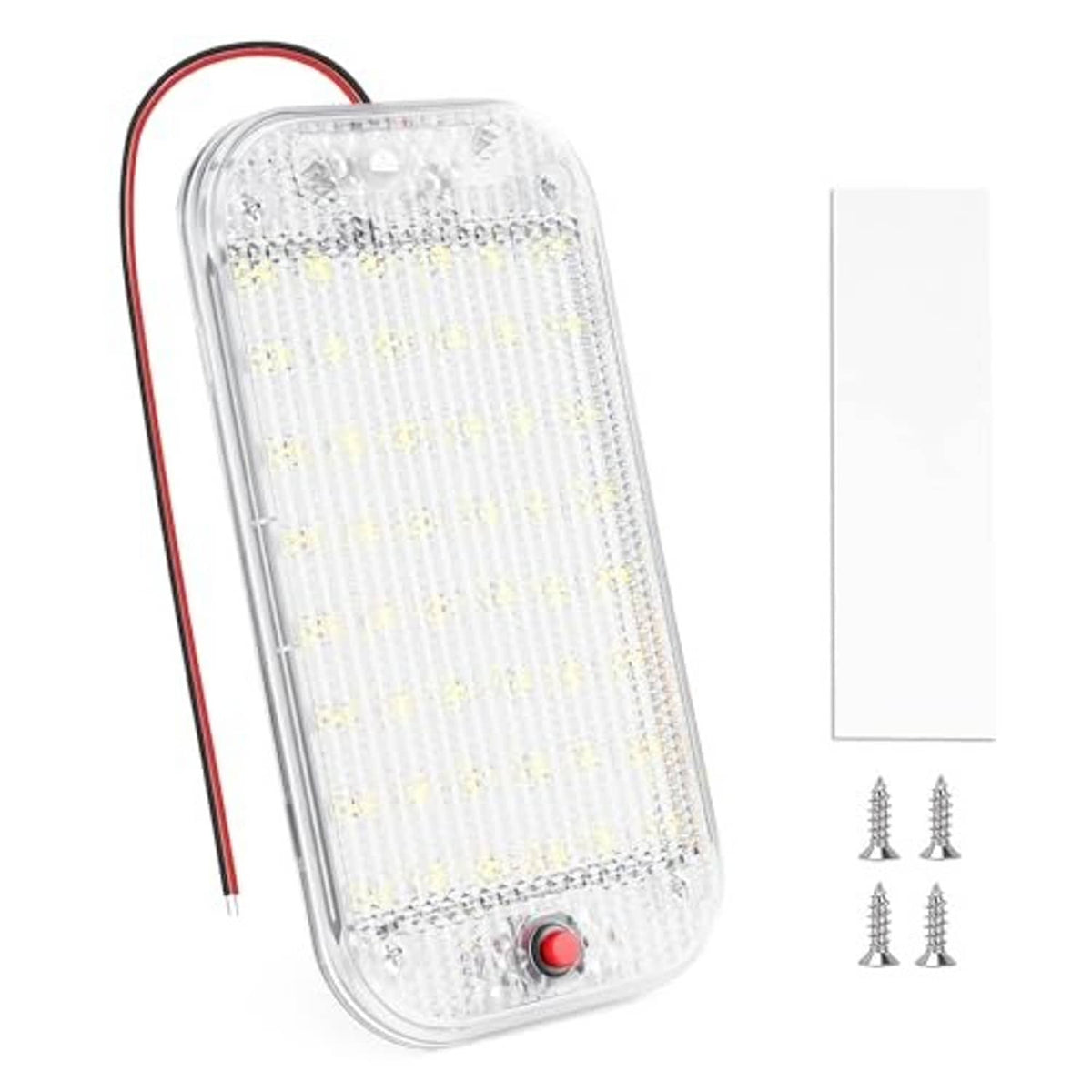 Clear rectangular RV dome light with red push switch and attached red/black wires