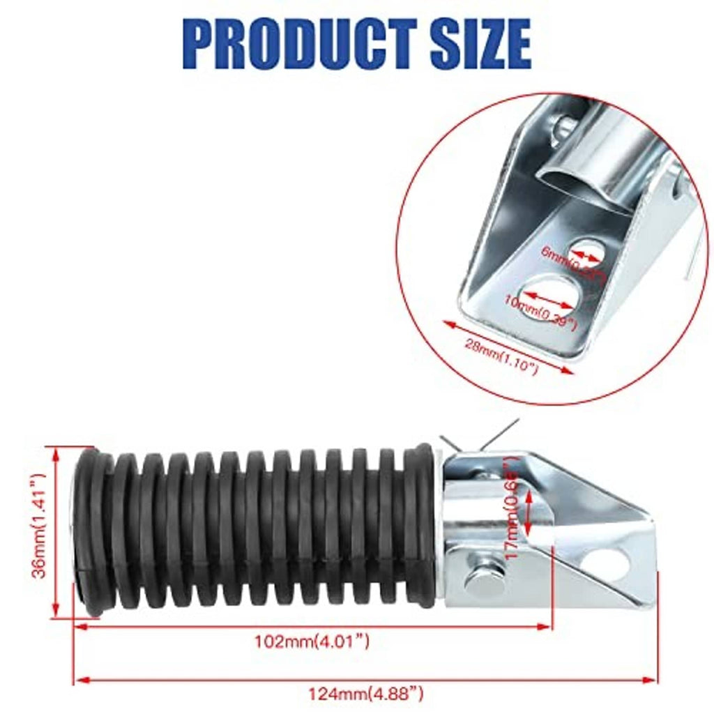 Mini bike foot peg with black ribbed rubber sleeve and silver clamp, size diagram