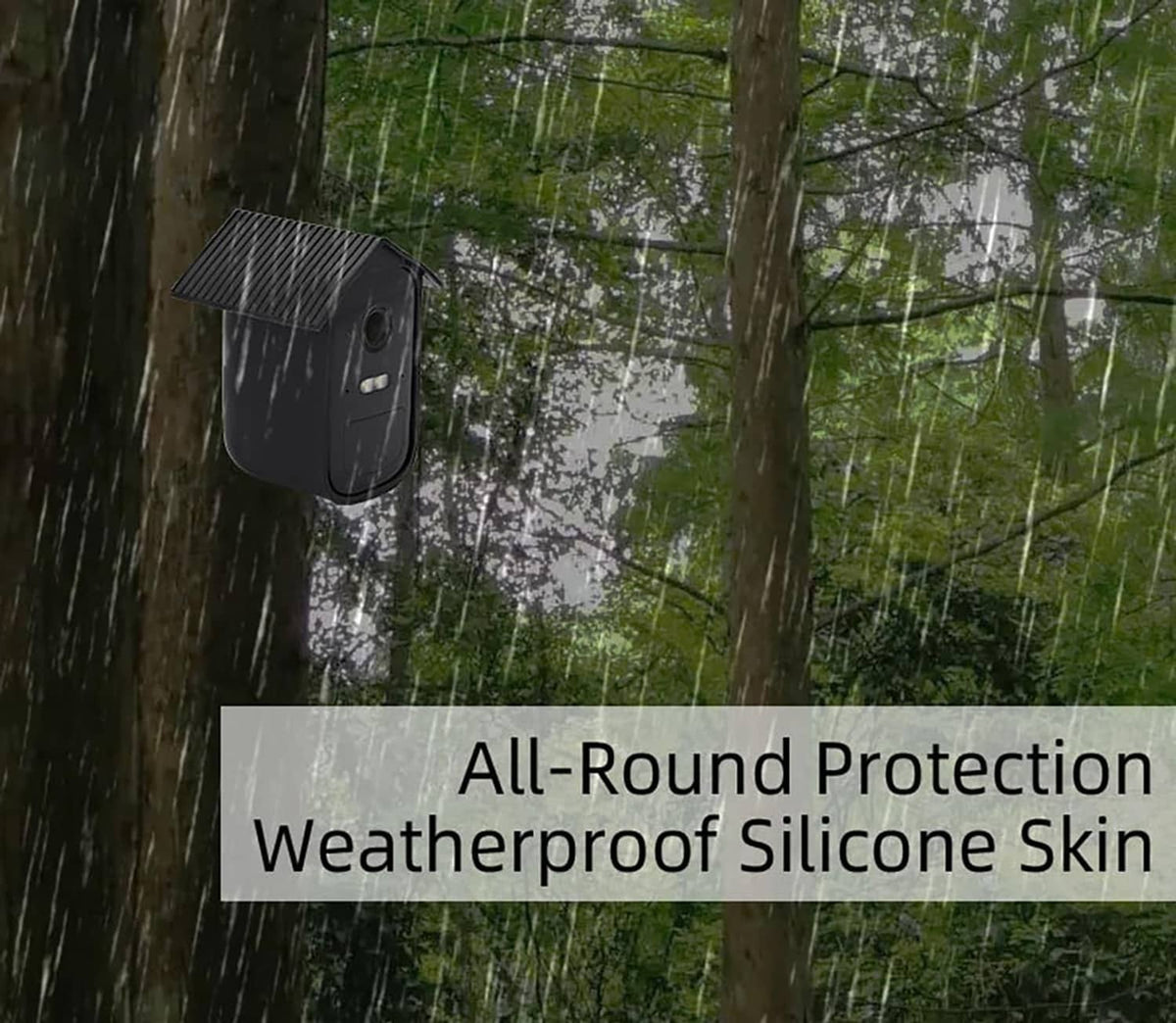 Black silicone camera cover with ridged top attached outdoors