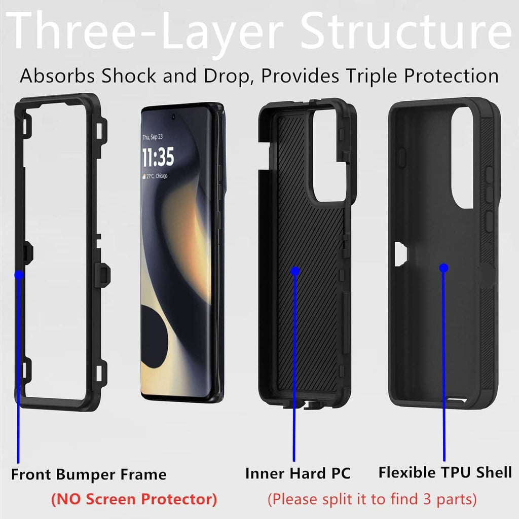 Rugged black phone case with textured sides and multi-layer protection design