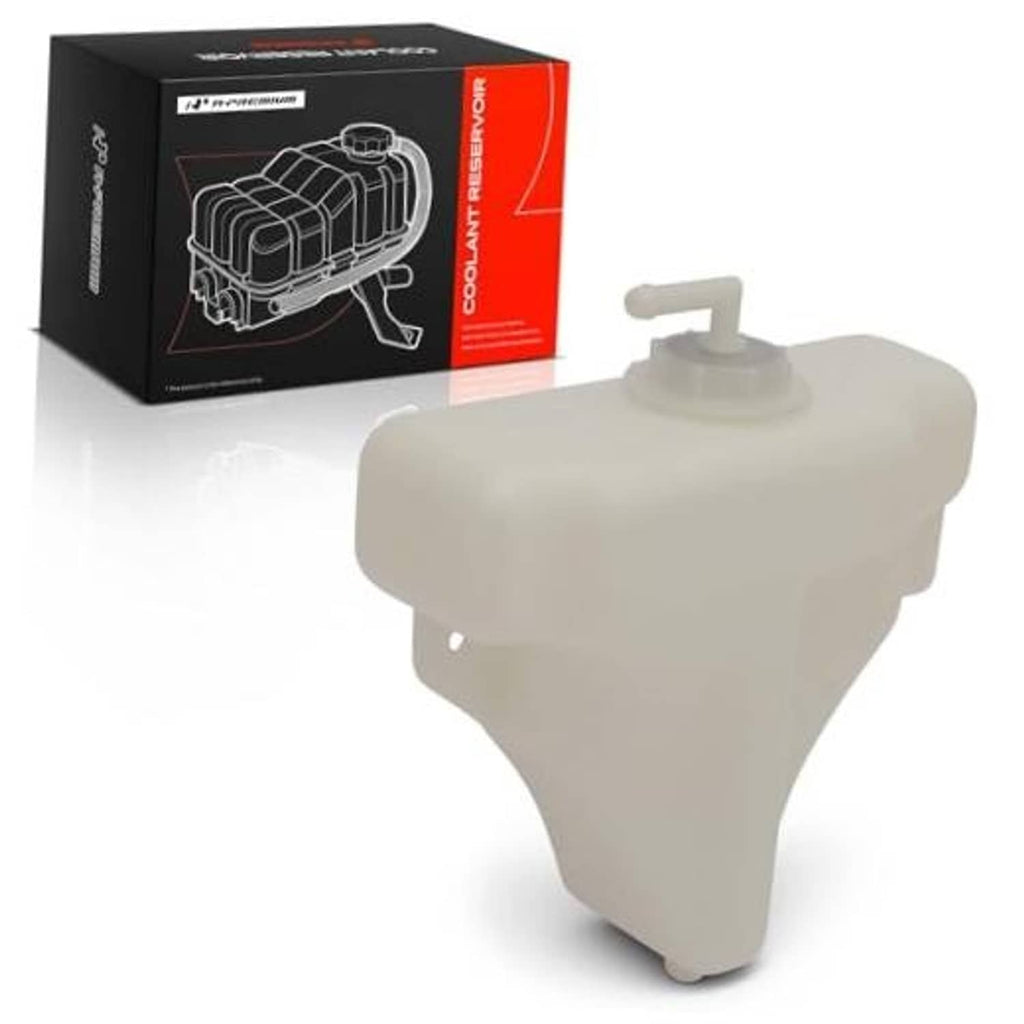 White engine coolant expansion reservoir tank with cap and small hose outlet