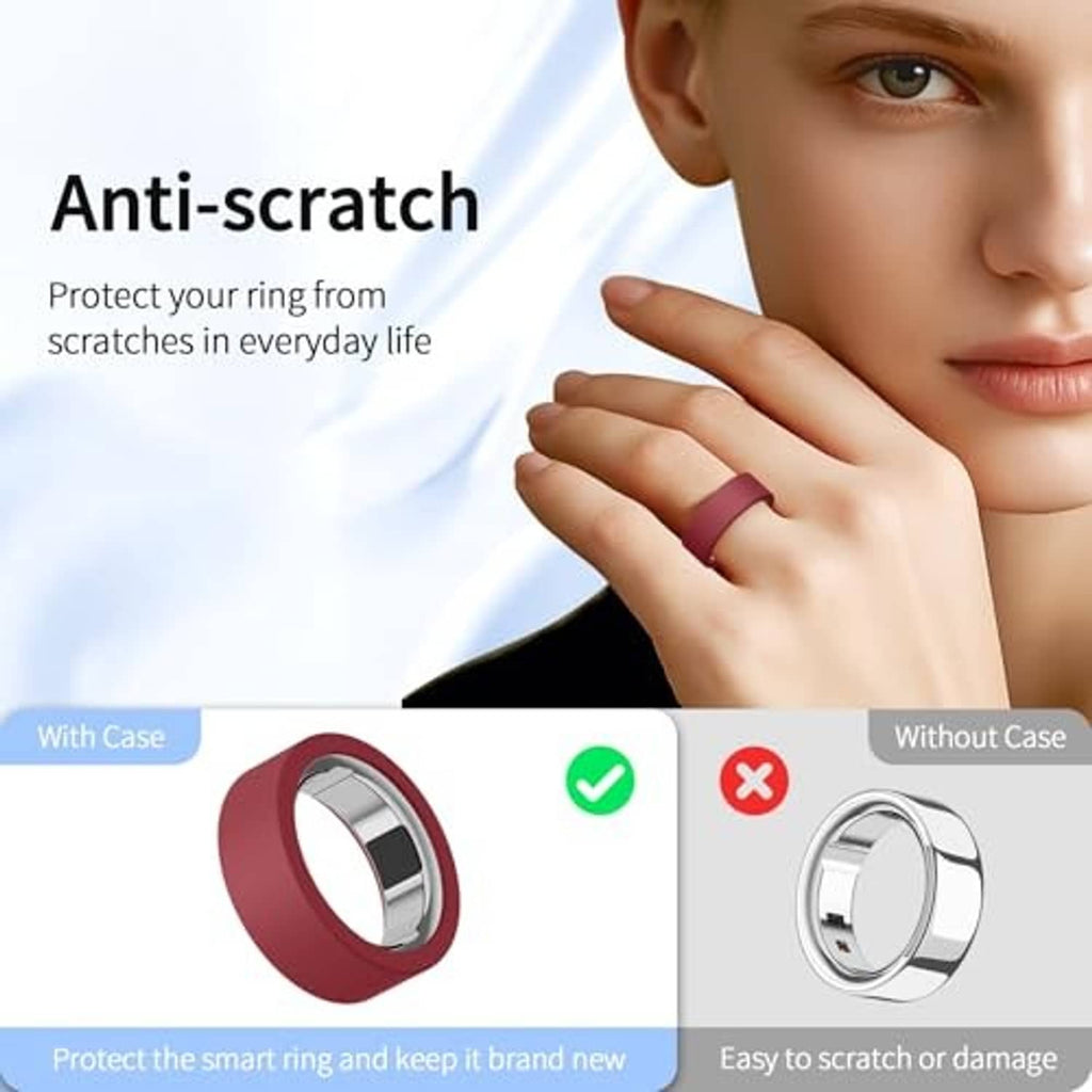 Maroon silicone ring cover on a hand, shown as protective case against scratching.