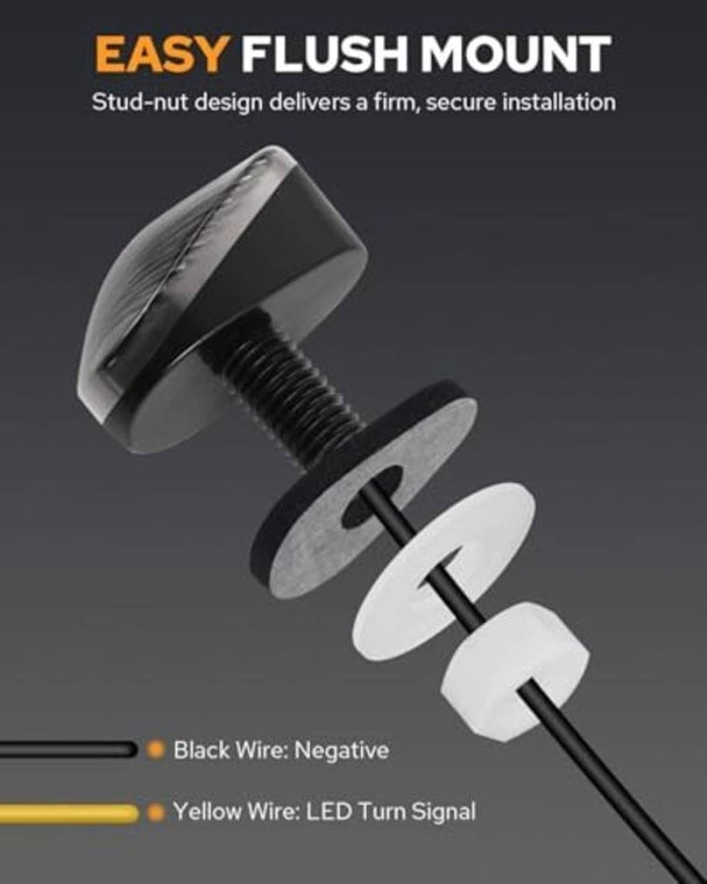 Flush-mount LED turn signal hardware with circular bases, black wire, and mounting studs