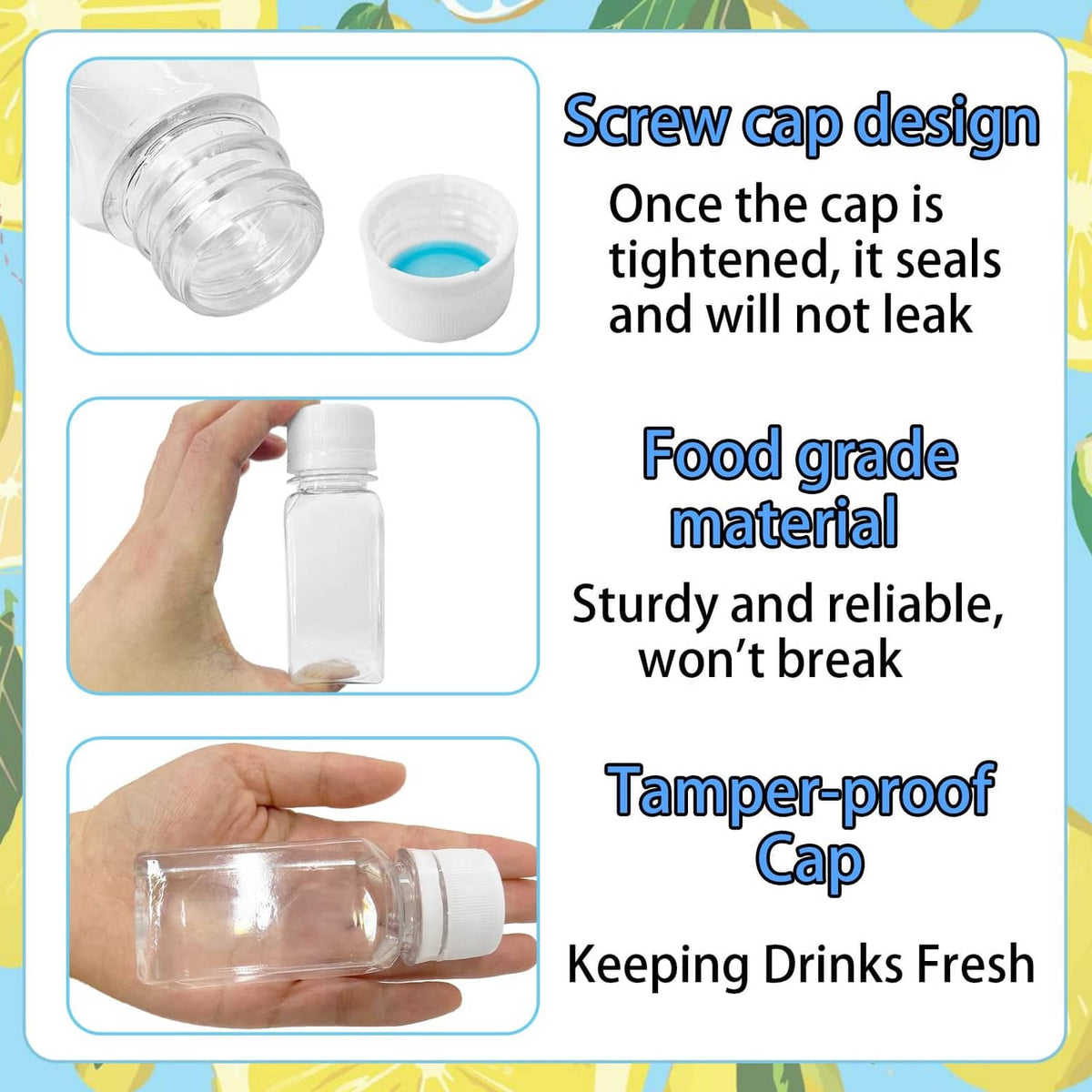 Mini plastic juice bottle with white screw cap, showing tamper-proof seal area