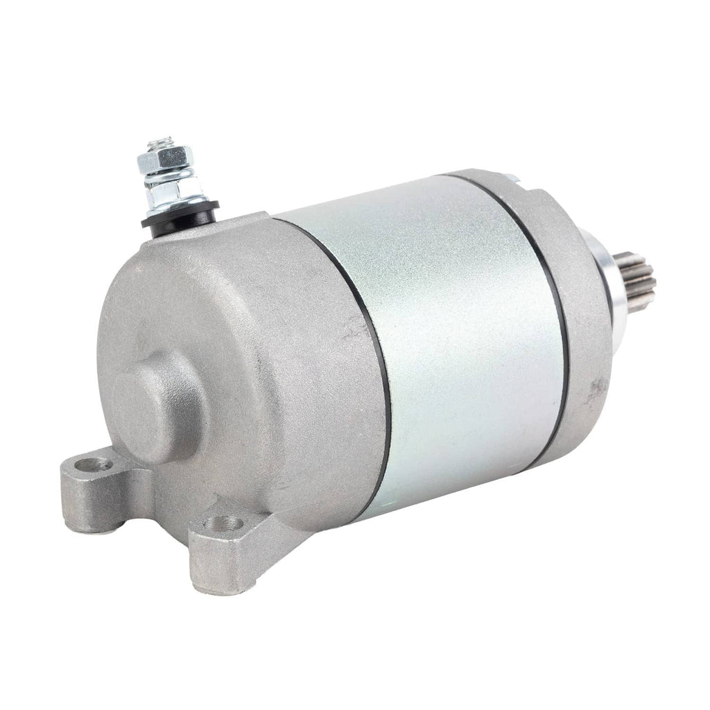 Starter motor angled view with pinion shaft, front bracket tabs, and terminal stud