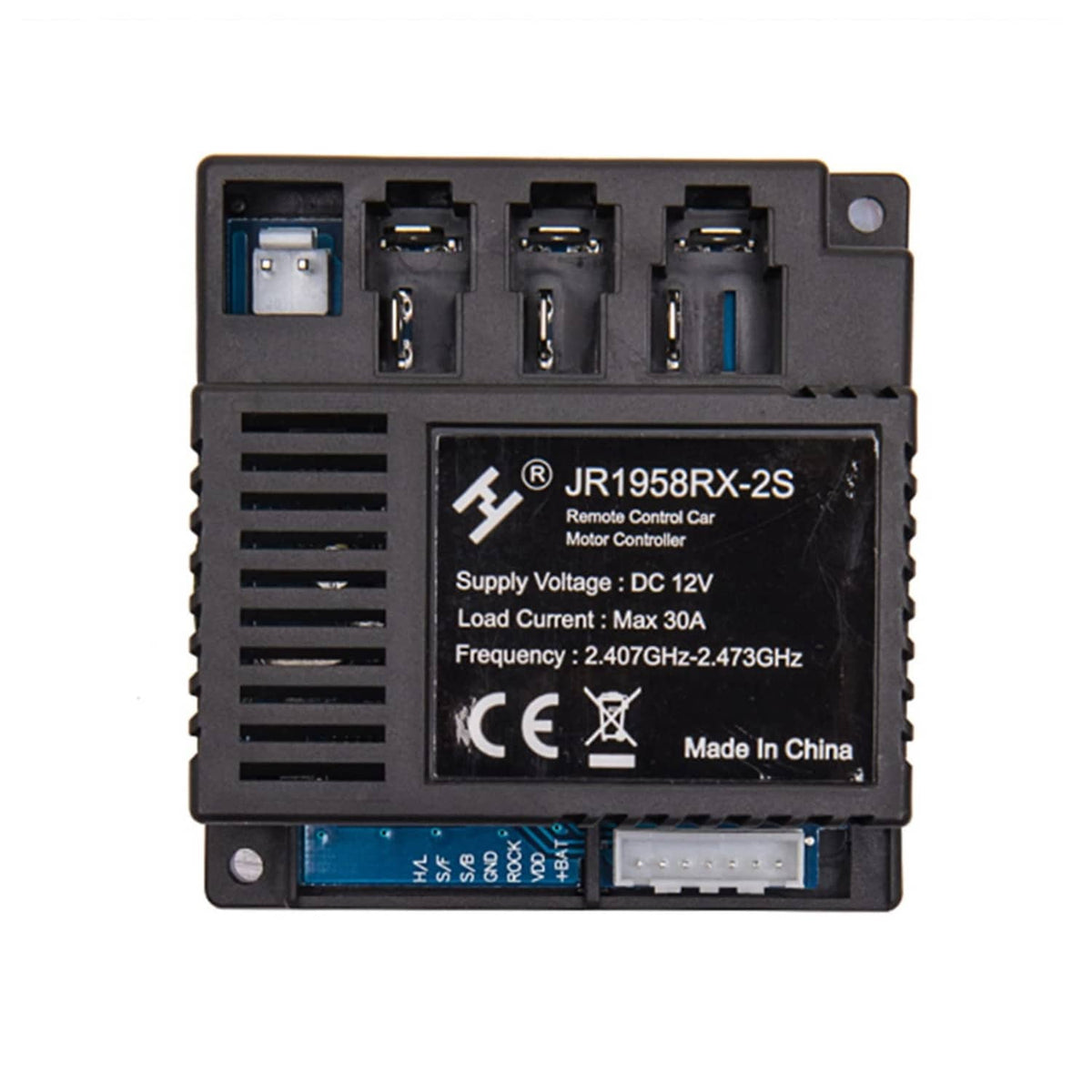 Black DC 12V receiver controller module with terminal ports and mounting holes