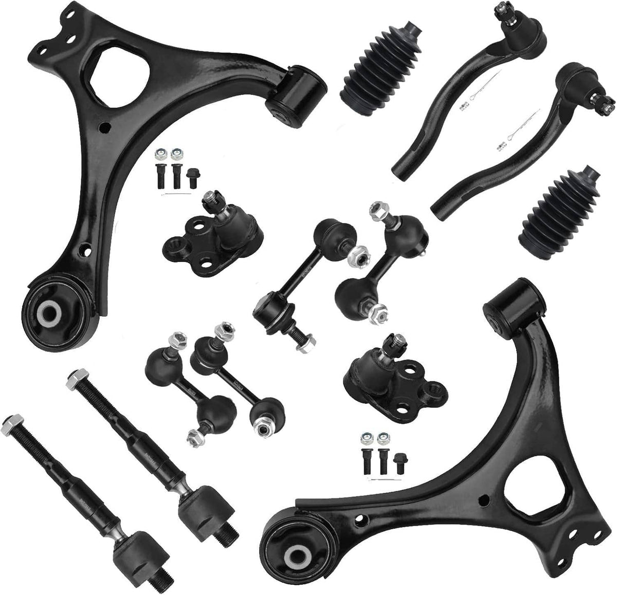 Front suspension replacement parts kit with control arms, tie rods, and ball joints