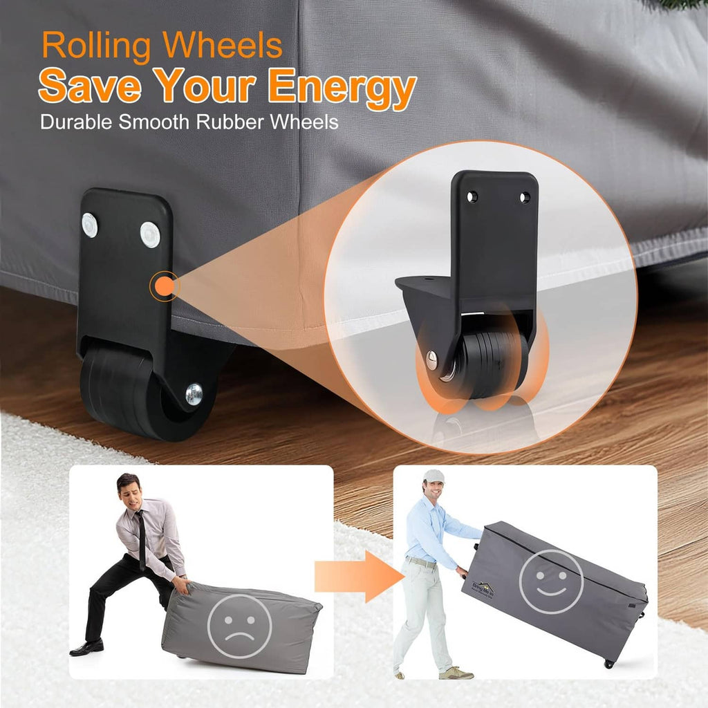 Grey rolling storage bag with rubber wheels and reinforced corner attachment