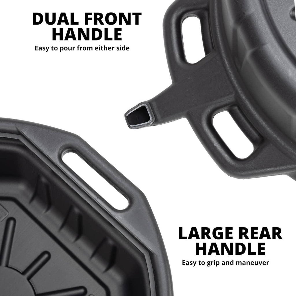 Black drain container featuring dual front handles and a large rear grip handle