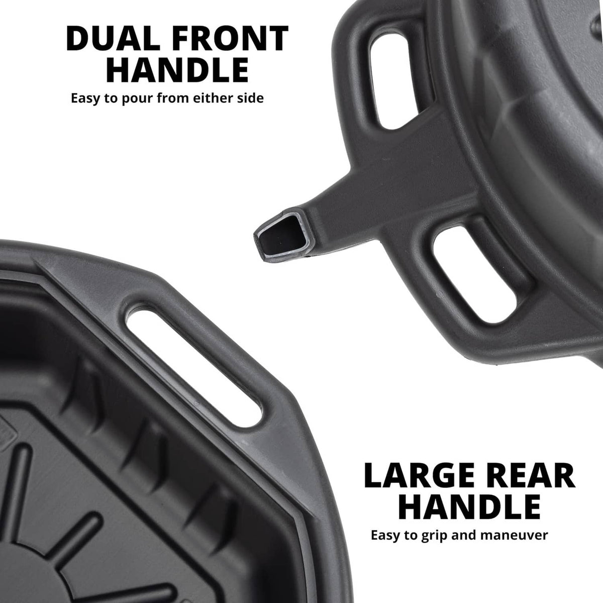 Black drain container featuring dual front handles and a large rear grip handle