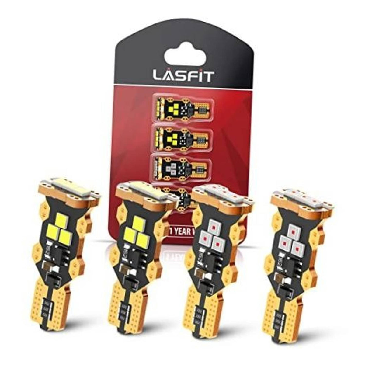 LASFIT 921 LED backup/reverse bulbs pair in retail blister card, white and red