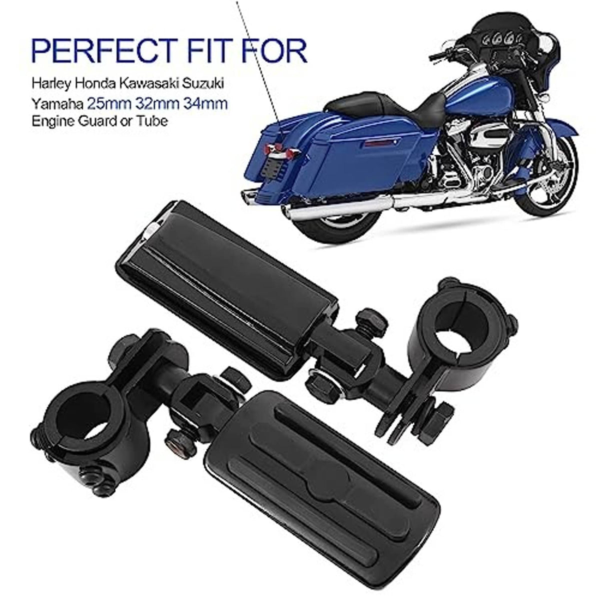 Black foldable motorcycle foot pegs with mounting hardware and slotted step pads