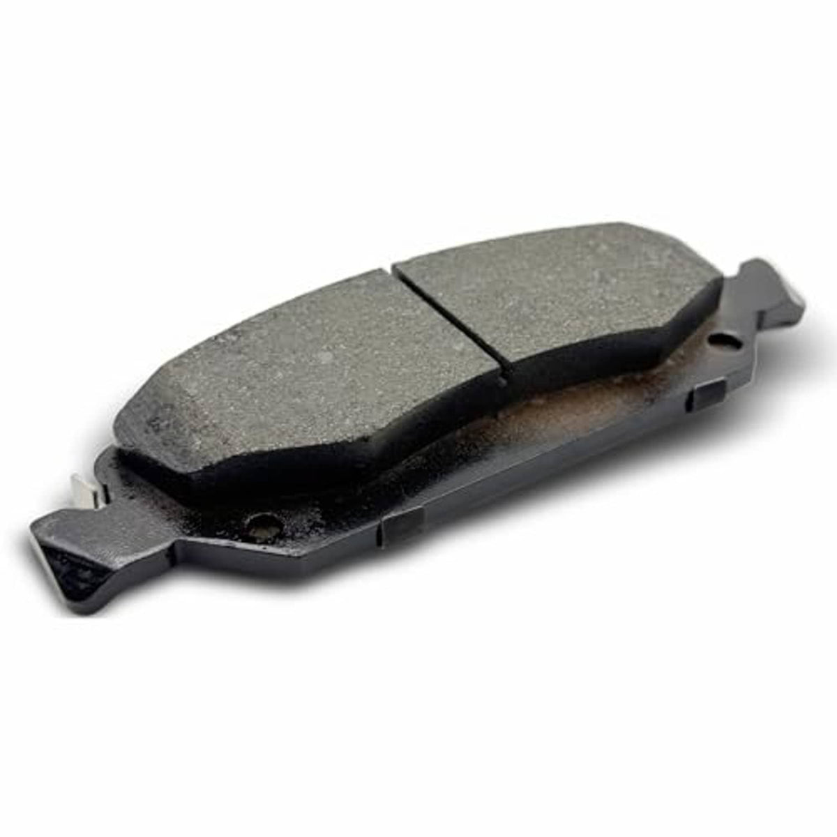 Ceramic brake pad, gray friction material with split line and bolt holes