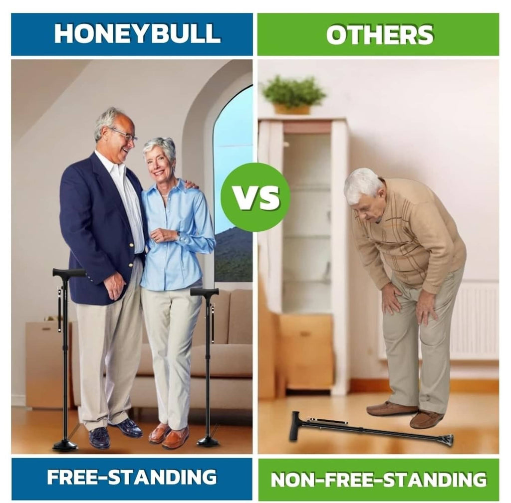 Two walkers holding a folding adjustable walking cane with quad base