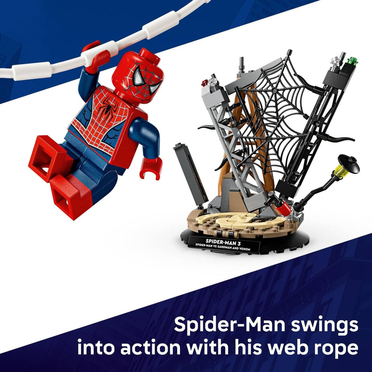 LEGO Spider-Man minifigure and action web structure with tan Sandman character on base
