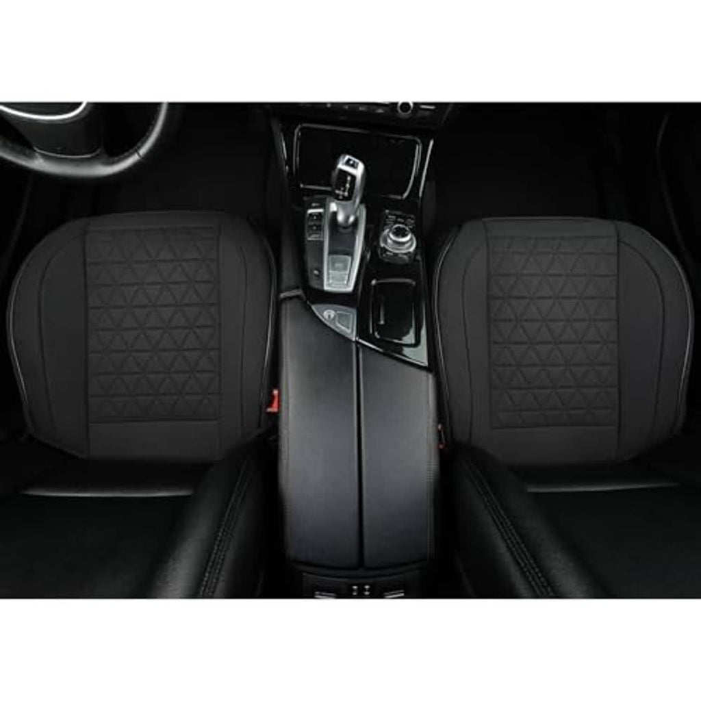 Black car seat cover pair with triangular quilt pattern on both front seats.