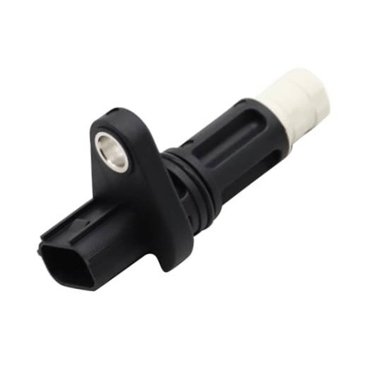 Crankshaft position sensor with black housing and white electrical connector, metal pin