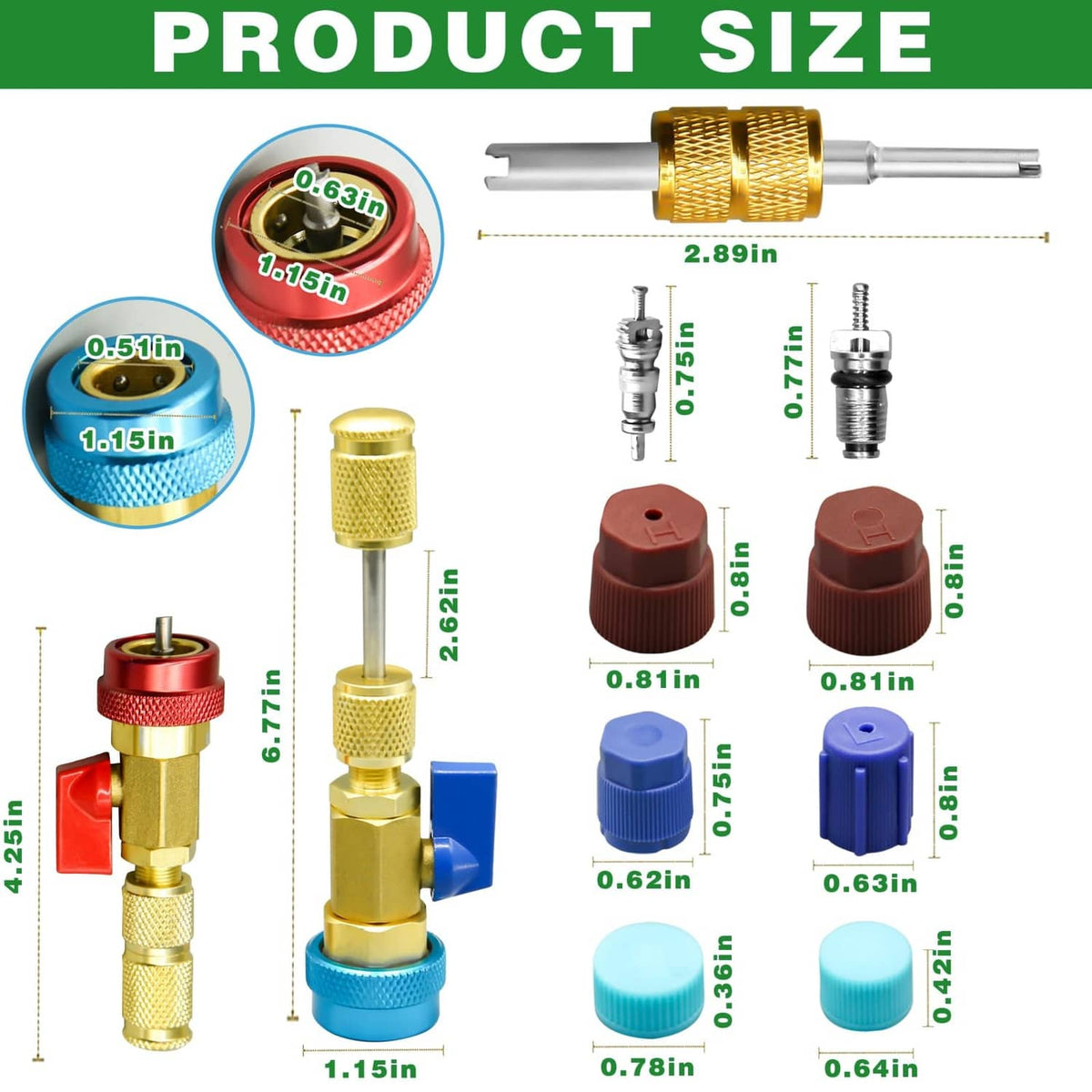 R134A valve core remover installer kit with couplers and labeled size measurements