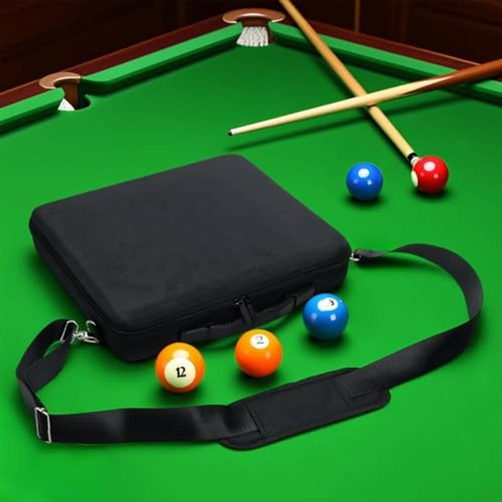 Black pool ball storage bag with handle holding billiard balls and cue accessories