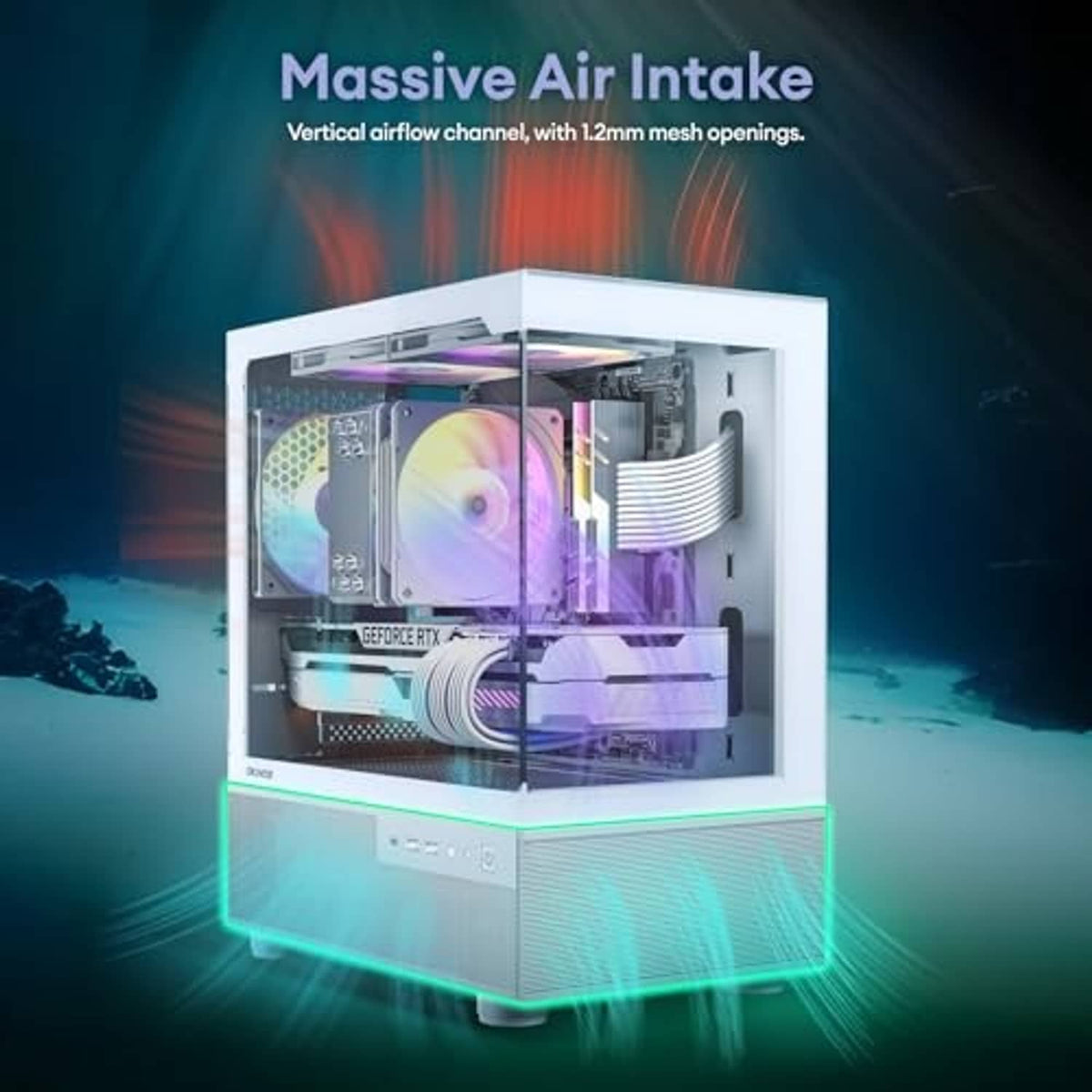 Black micro ATX PC case with front air intake vents and RGB fans visible through glass