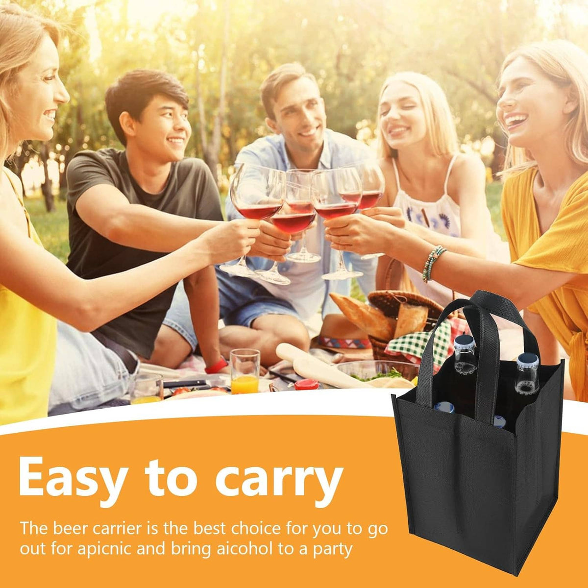 Black 4-bottle wine tote bag with carry handles and bottle compartments, loaded with bottles