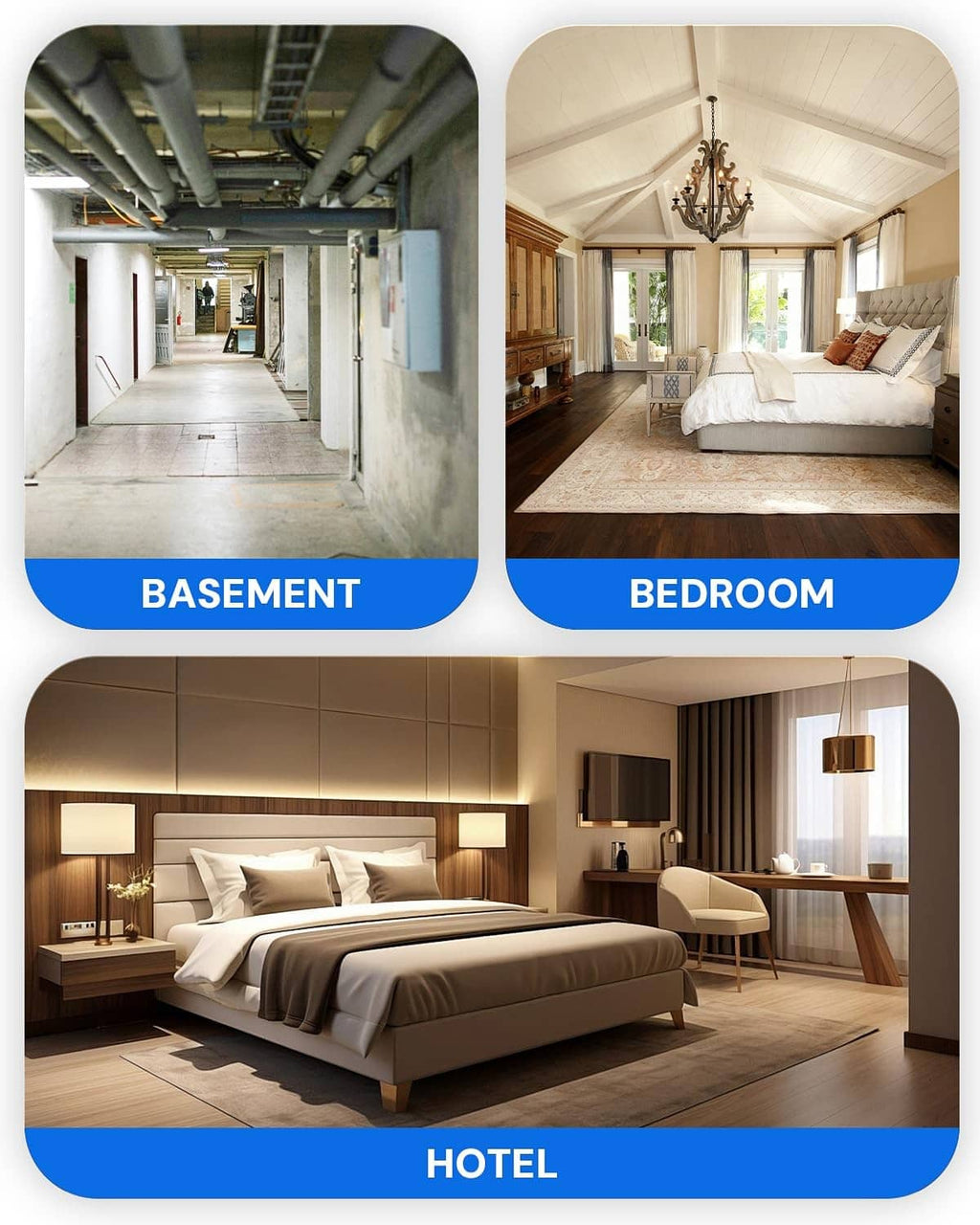 Three room tiles for radon detector alerts: basement, bedroom, and hotel