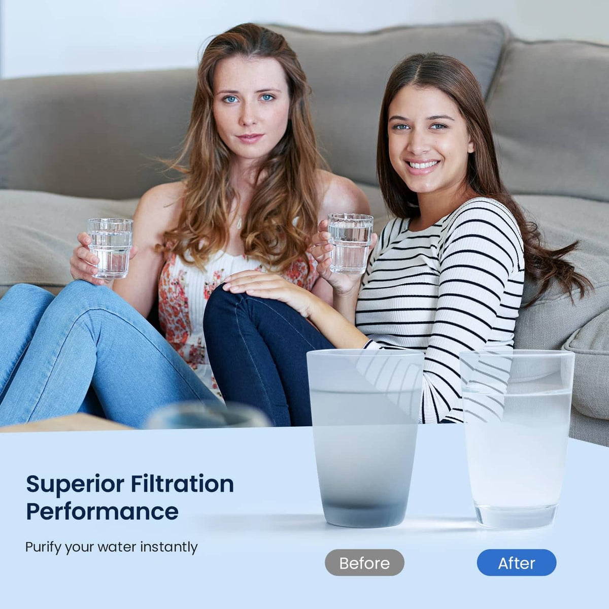 Water purification performance graphic with before/after cups