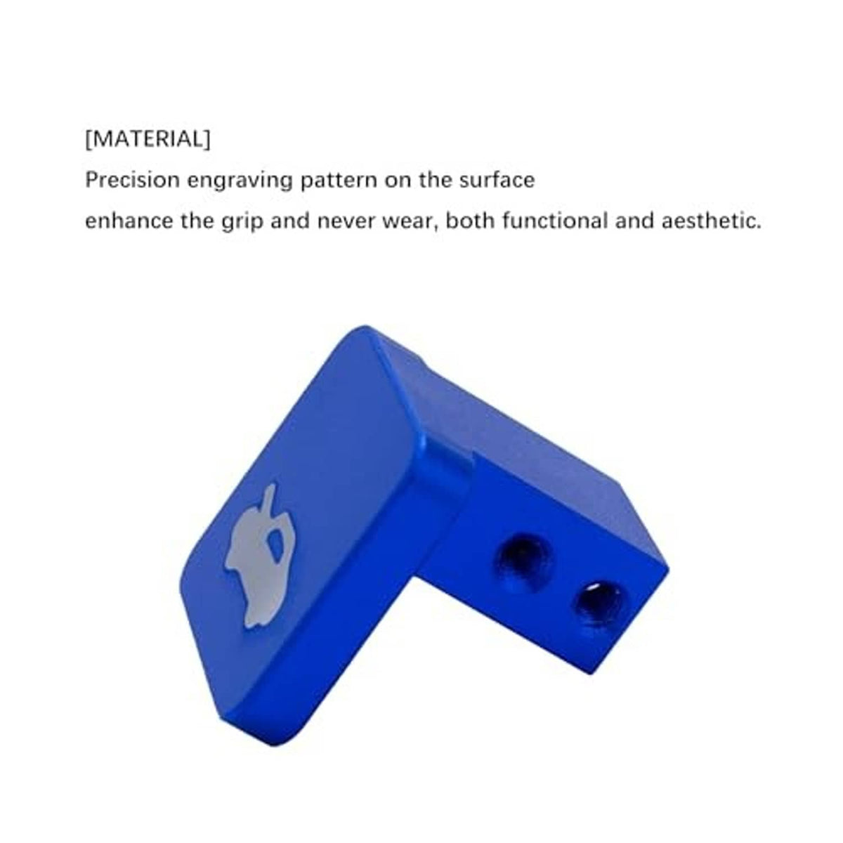 Blue billet hood release handle with engraved grip icon and mounting holes