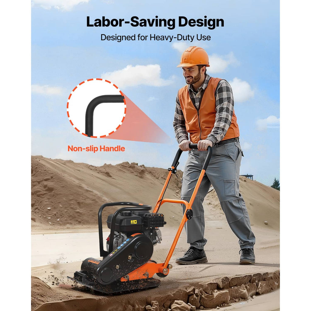 Orange and black plate compactor in use with non-slip handle, operated on jobsite