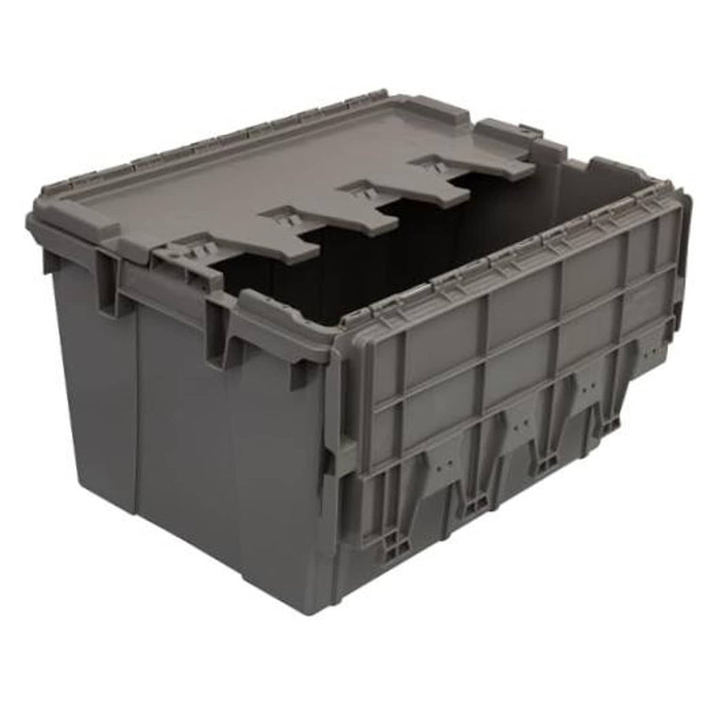 Grey plastic lidded storage container with recessed lid, open top view