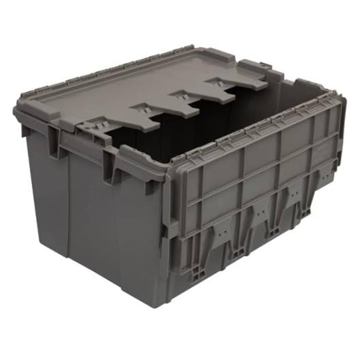 Grey plastic lidded storage container with recessed lid, open top view