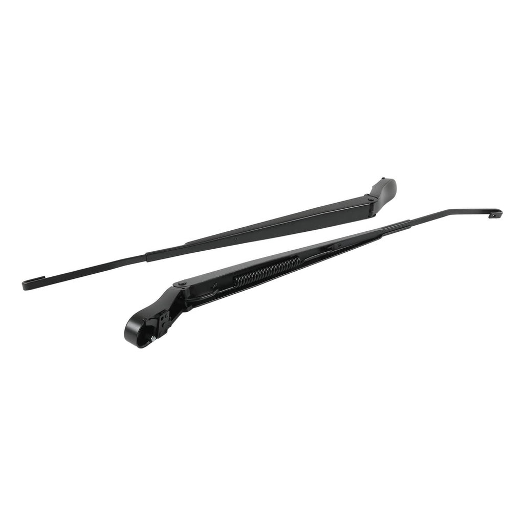 Black front windshield wiper arm pair, one shown with blade and hook