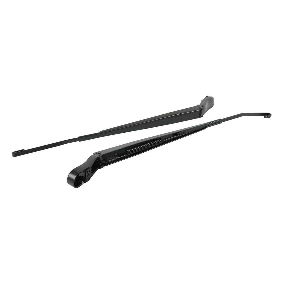 Black front windshield wiper arm pair, one shown with blade and hook
