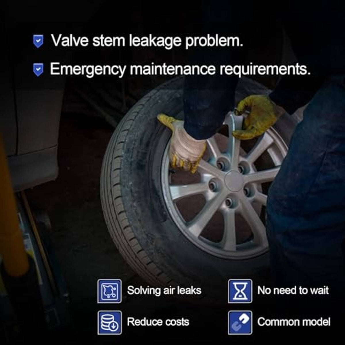 Tire valve stem tool in use on a car wheel, with gloves near the valve area
