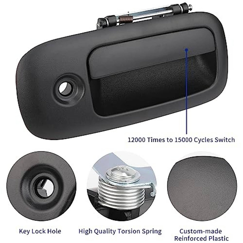 Exterior door handle with round key lock hole and textured black grip panel on dark body.