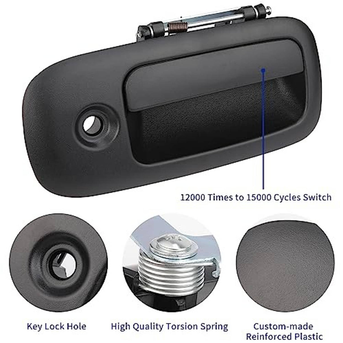Exterior door handle with round key lock hole and textured black grip panel on dark body.