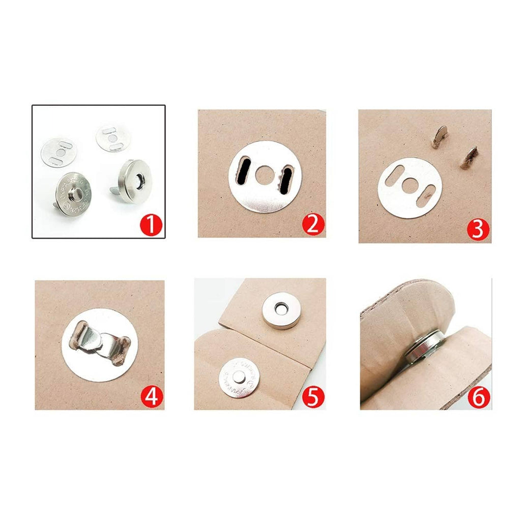 Magnetic purse snap clasps with base and cap parts, shown installed on fabric